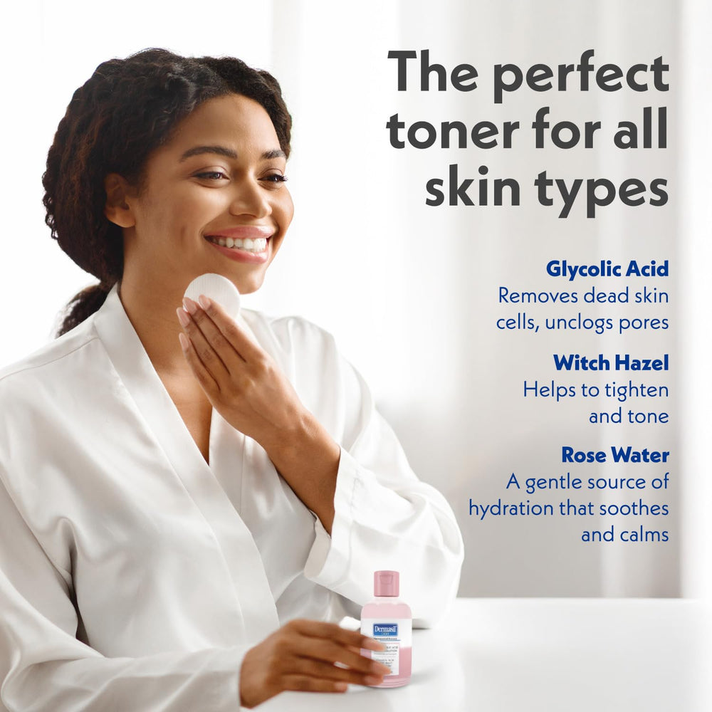 Dermasil fragrance-free toner pack highlights natural rose scent and gentle care.