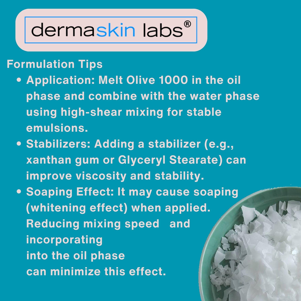 Dermaskin Labs Olive 1000 melts at 70°C for easy formulation.
