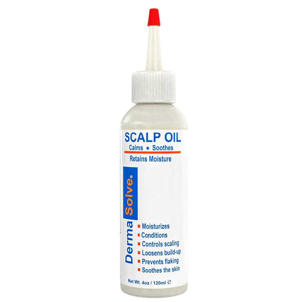 Dermasolve scalp oil bottle shown for at-home itch relief and flake control