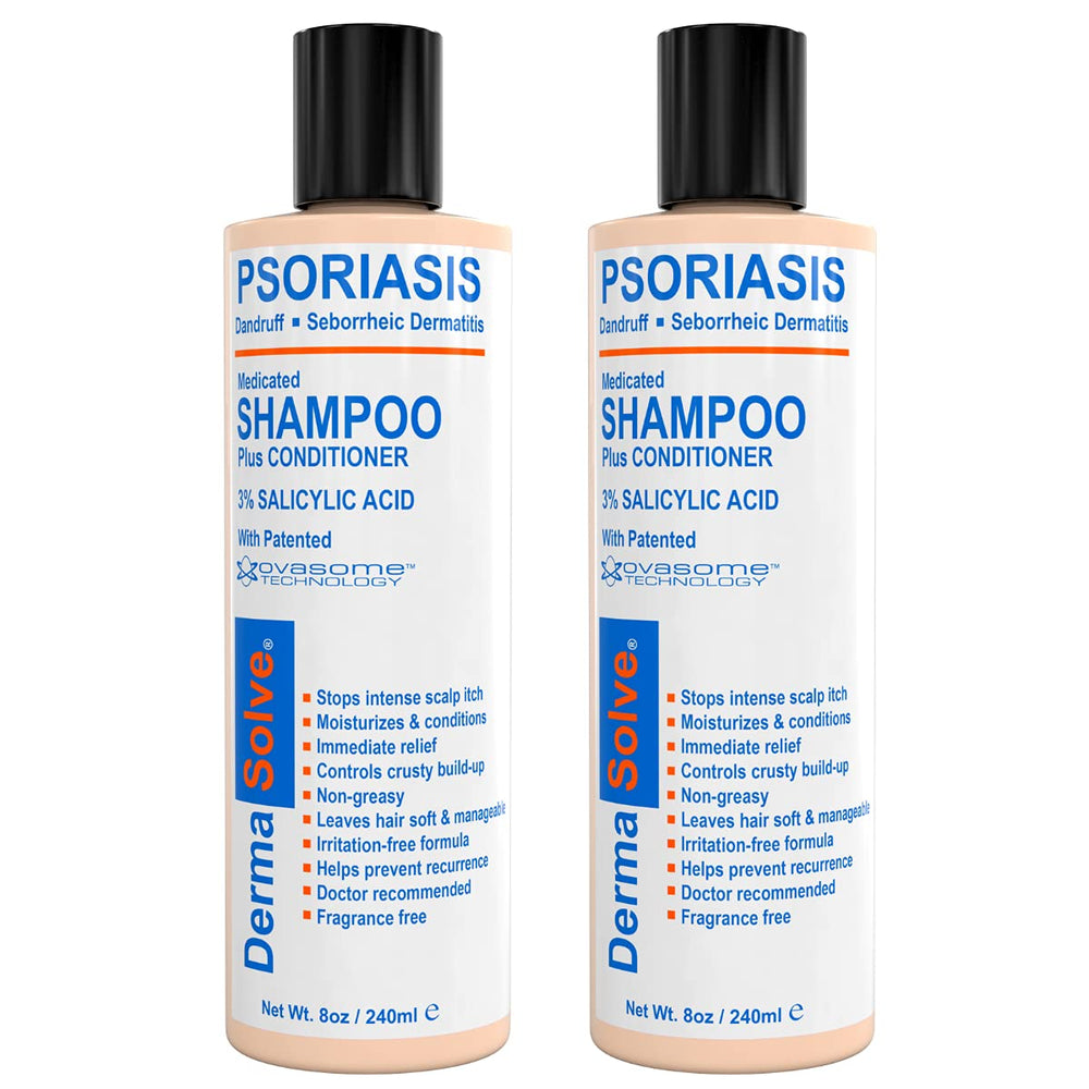 Dermasolve shampoo bottle pour demonstrates gentle fragrance-free scalp relief.