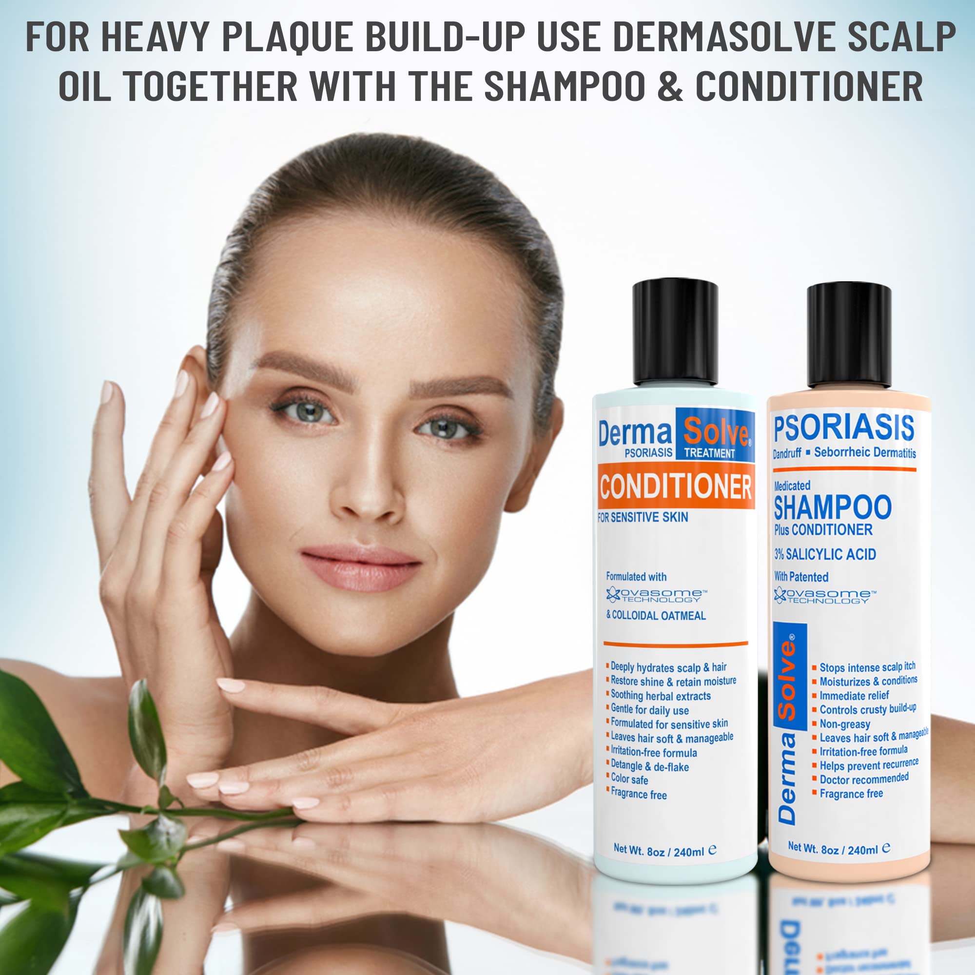 Dermasolve shampoo in hand shows easy application for flaky scalp care.