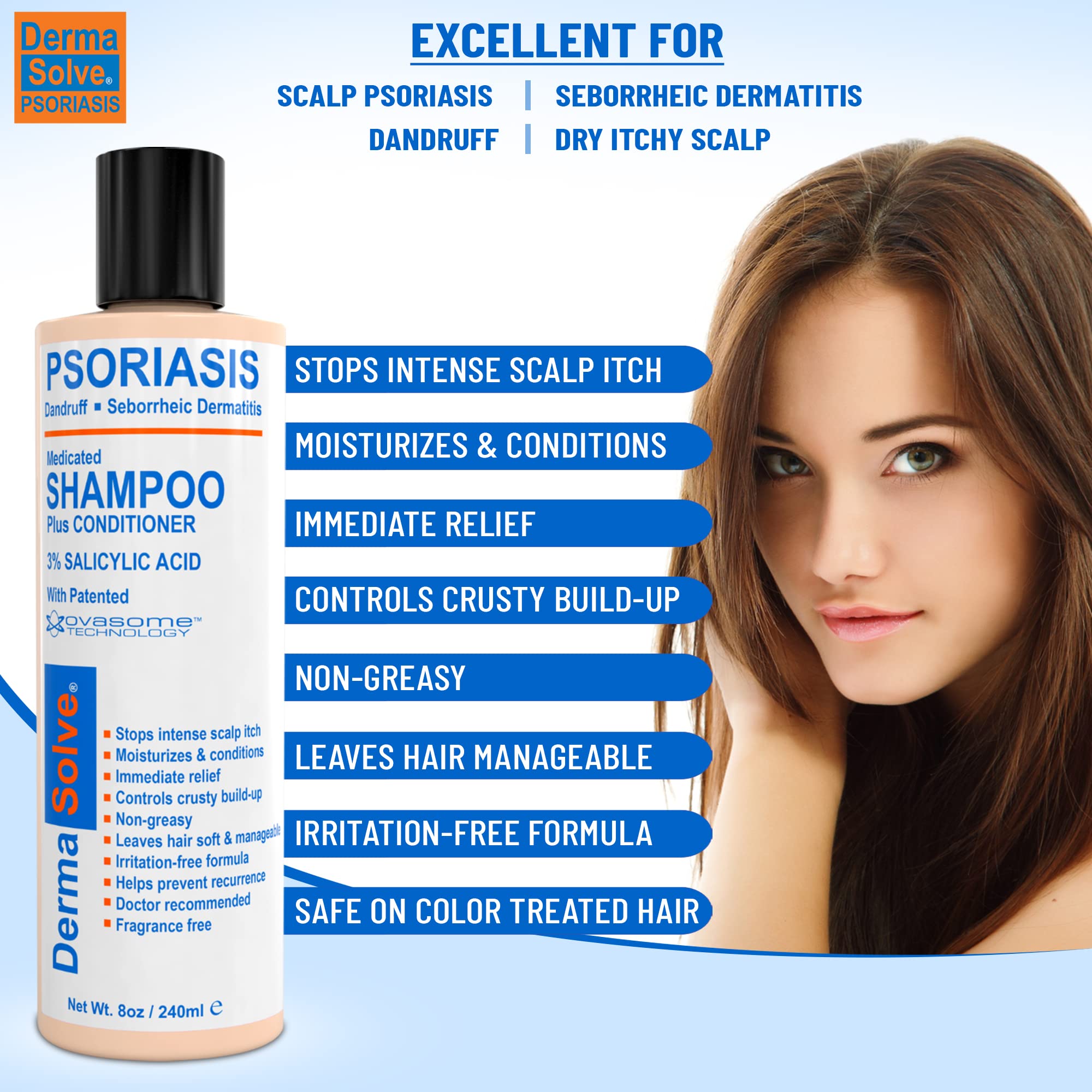 Dermasolve shampoo label closeup emphasizes doctor recommended psoriasis support.