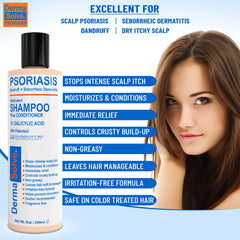 Dermasolve shampoo label closeup emphasizes doctor recommended psoriasis support.