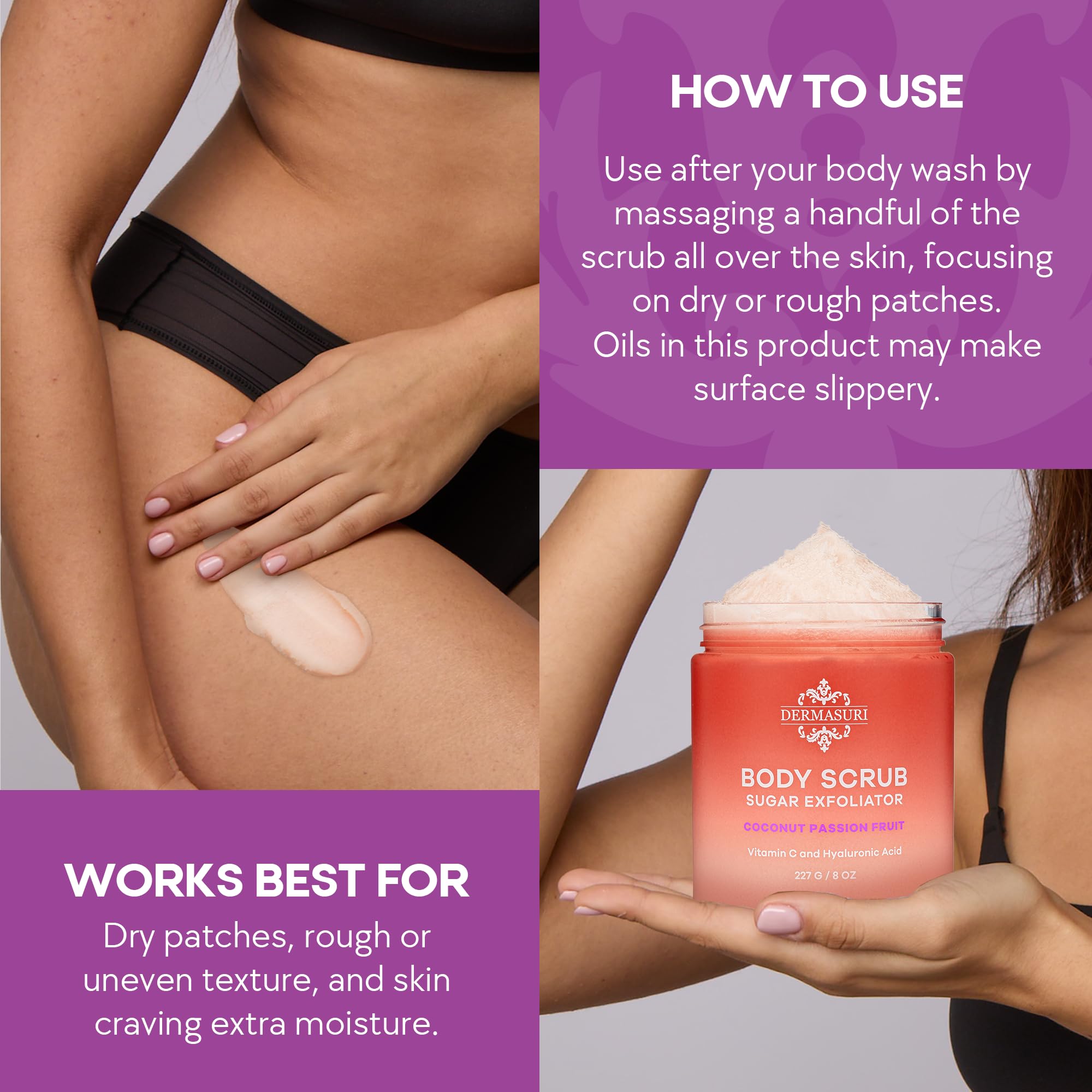 Dermasuri body scrub on elbows and knees pictorial focus