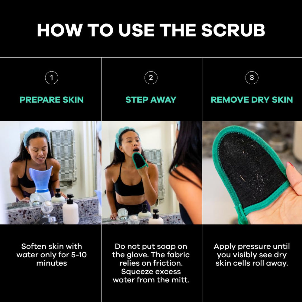 Dermasuri dead skin removal glove texture emphasizes removal of dull surface cells.