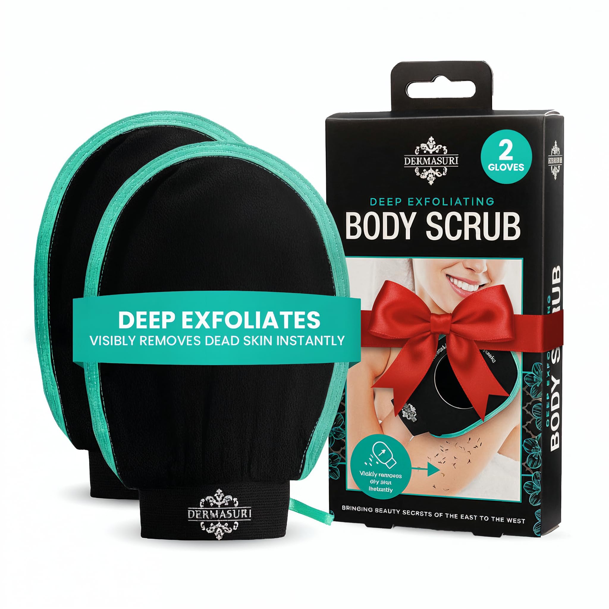 Dermasuri deep-exfoliating-glove closeup for gentle dead-skin removal during showers.