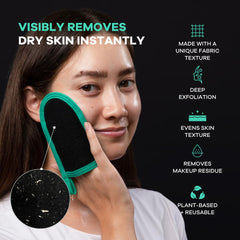 Dermasuri face scrubber exfoliator glove in shower use showing quick cleansing benefits.