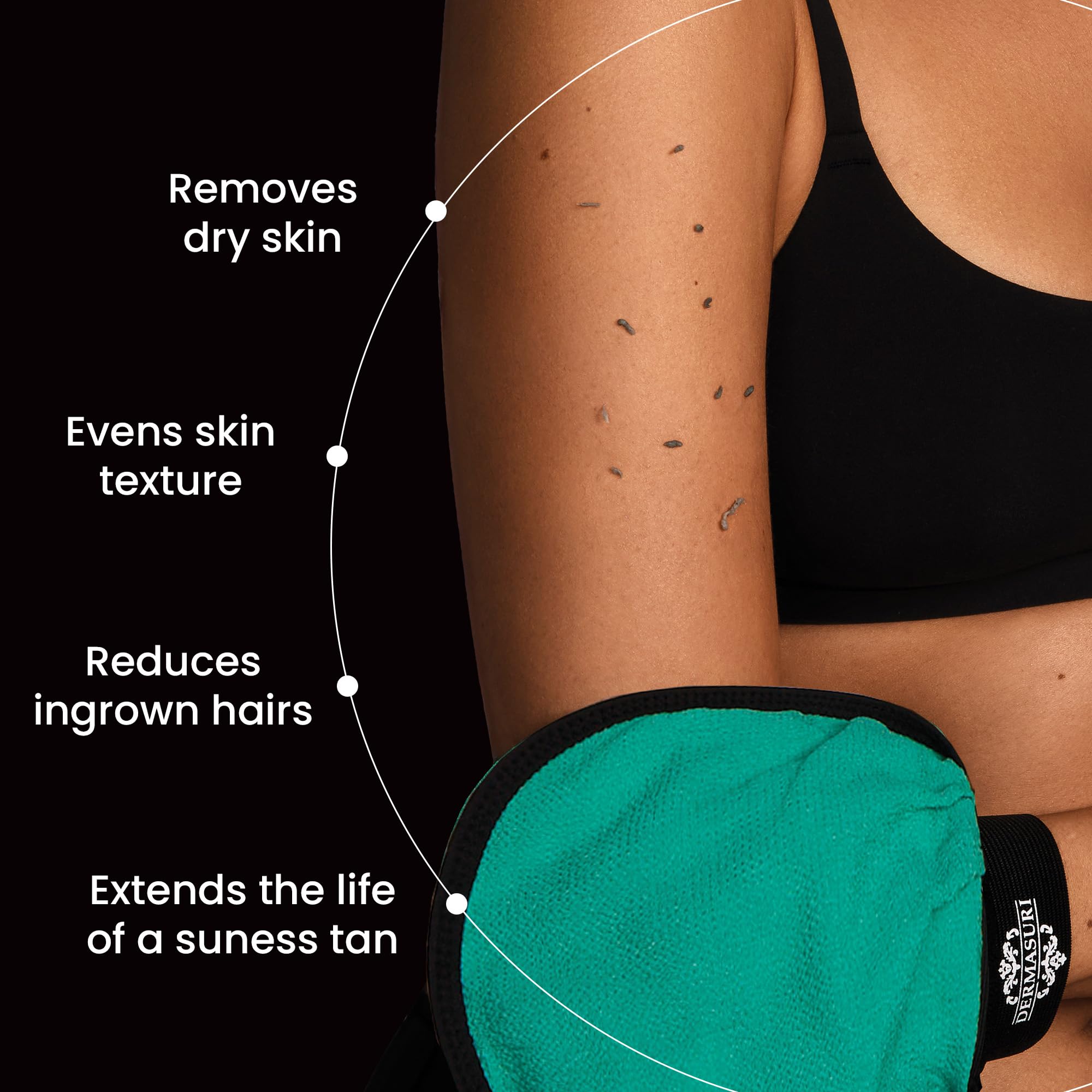 Dermasuri teal exfoliating mitt on hand boosts exfoliation during shower sessions