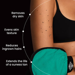 Dermasuri teal exfoliating mitt on hand boosts exfoliation during shower sessions