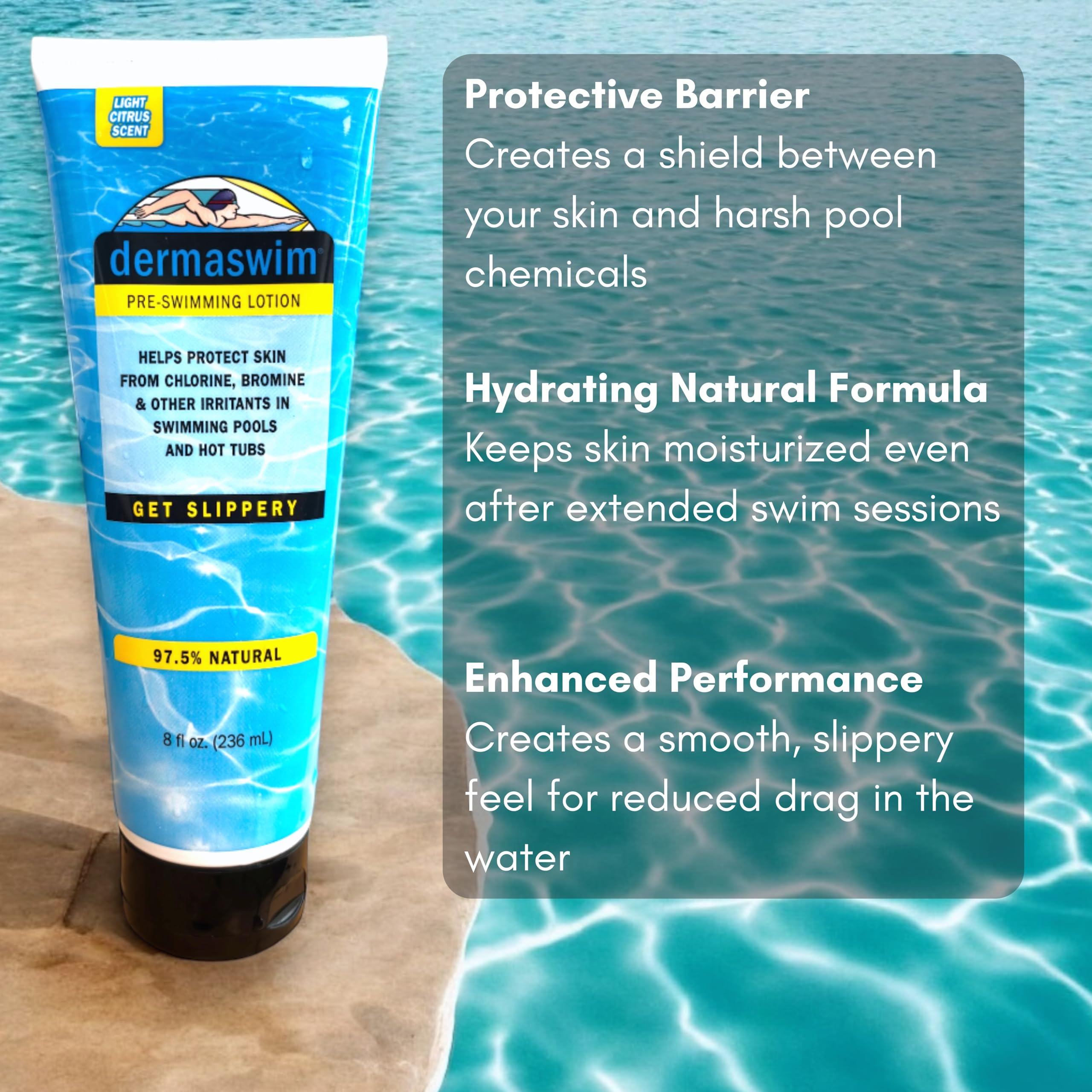 DermaSwim aloe and green tea enriched formula nourishes skin.