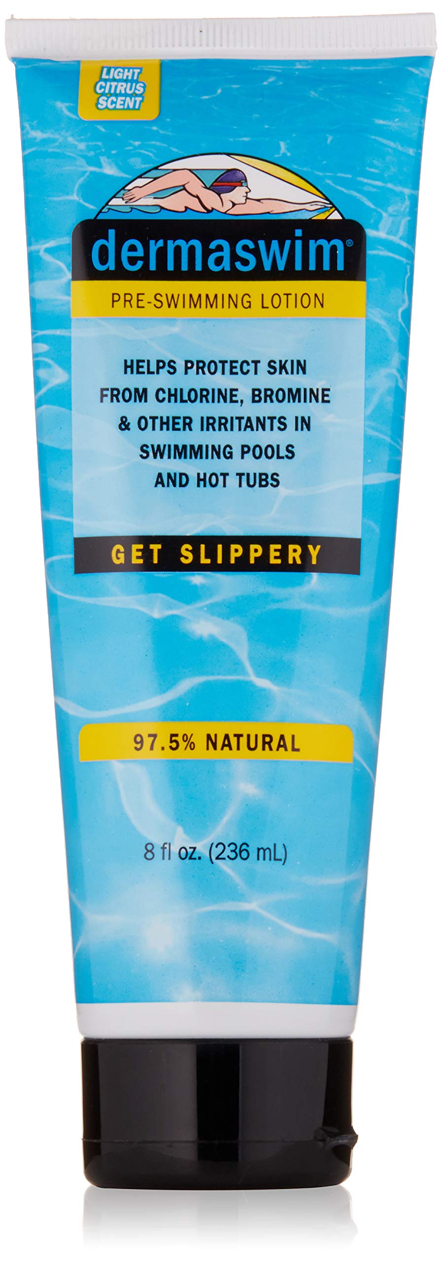 DermaSwim pre-swim lotion bottle provides chlorine protection for swimmers.