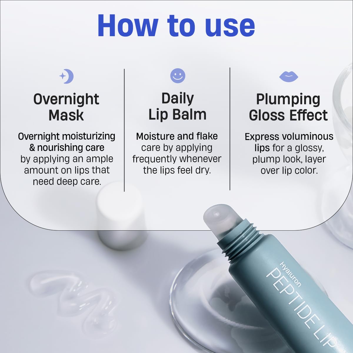 DERMATORY Hyalluron Peptide Lip Mask Day Gloss Boost highlights daytime plumping effect.