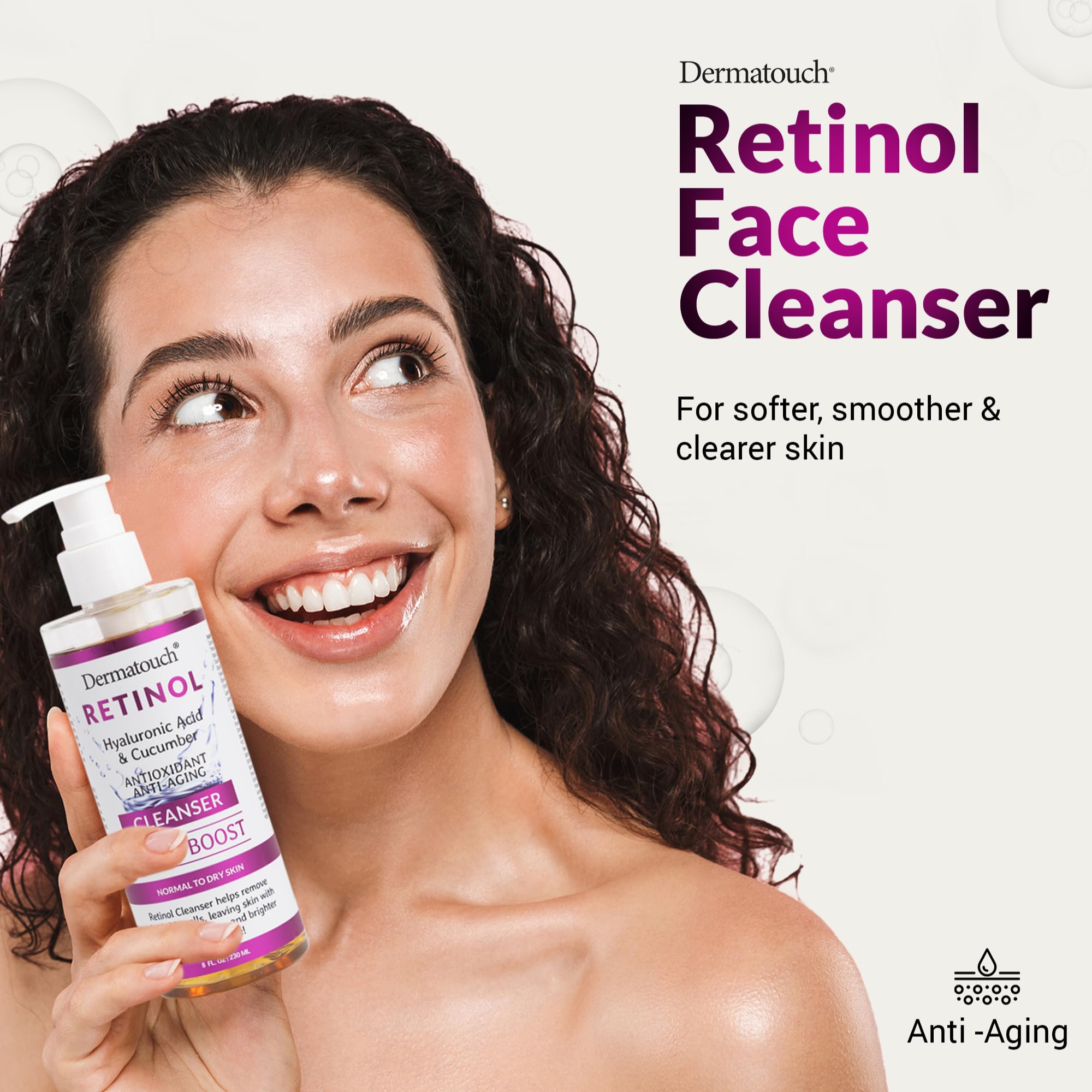 DERMATOUCH Retinol Face Cleanser foaming lather image highlights deep cleansing with cucumber and vitamins