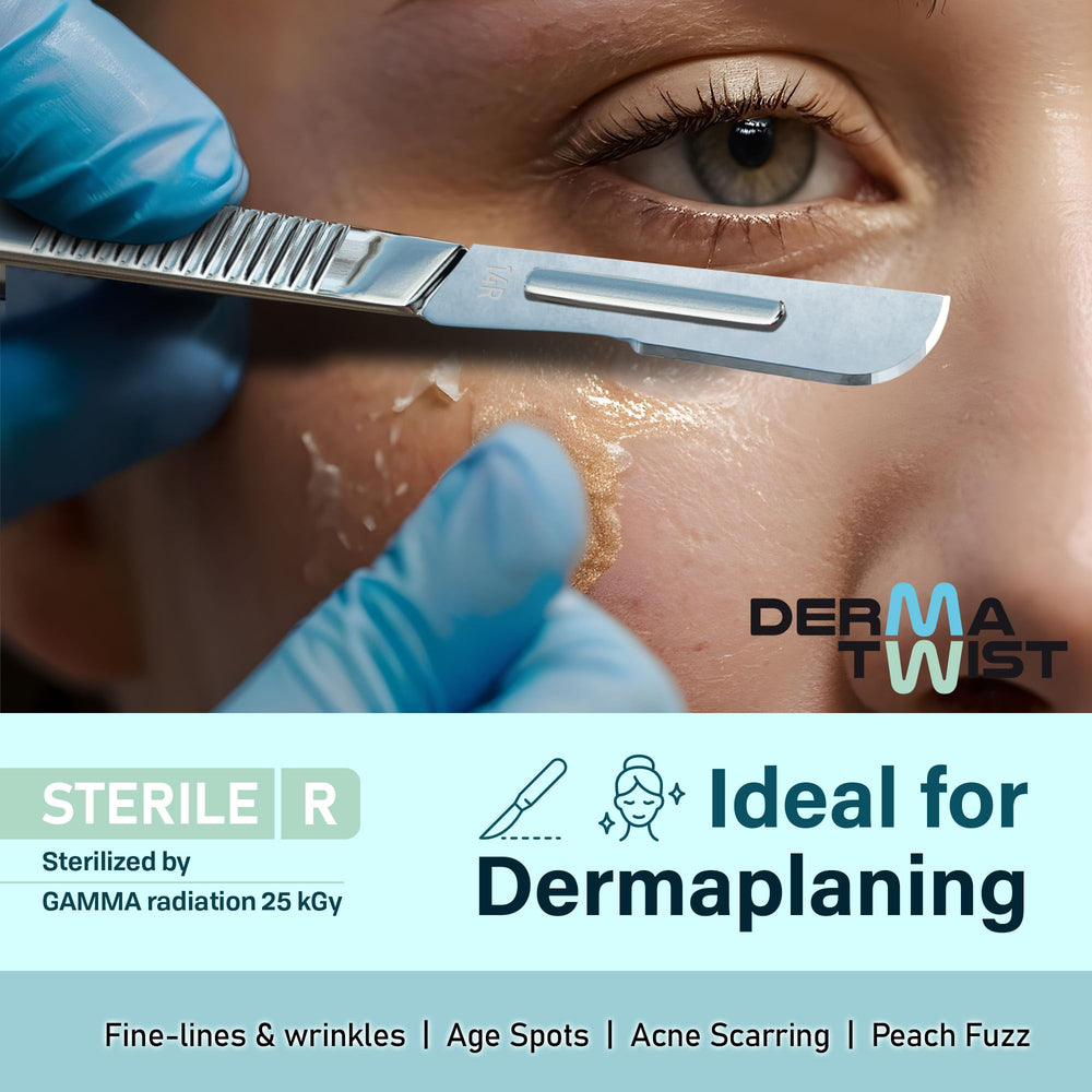 DermaTwist women face dermaplane razor in use on the cheek for smooth prep.
