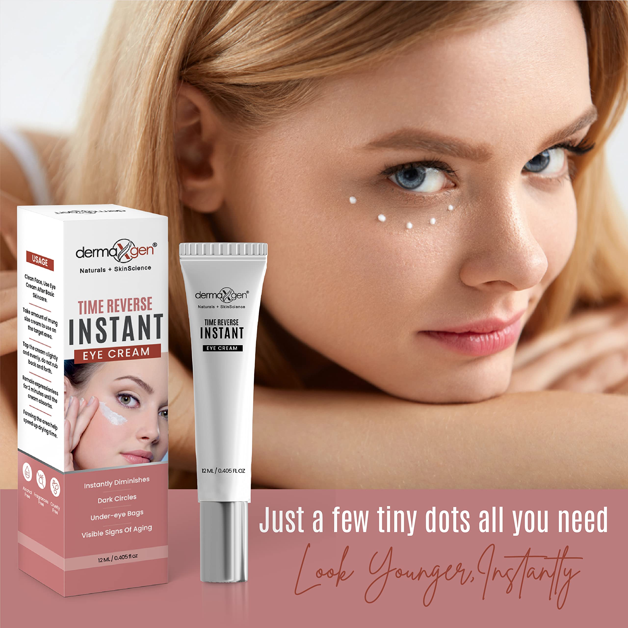 DERMAXGEN EyeLift ingredients bottle highlights peptides and antioxidants for skin support and nourishment.