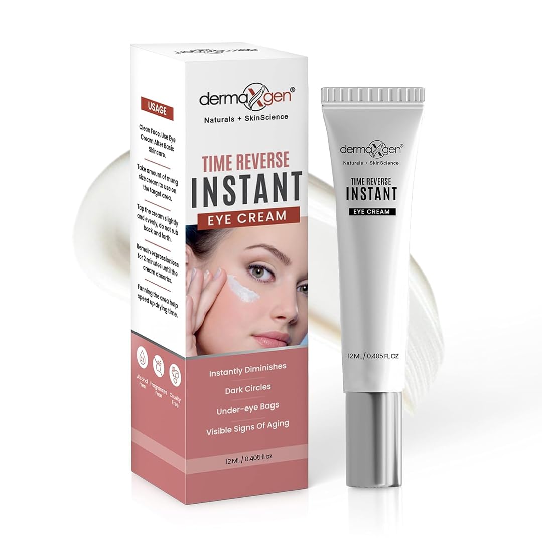 DERMAXGEN Instant Eyelift Cream tube closeup showcases a lightweight formula for quick under-eye refresh.