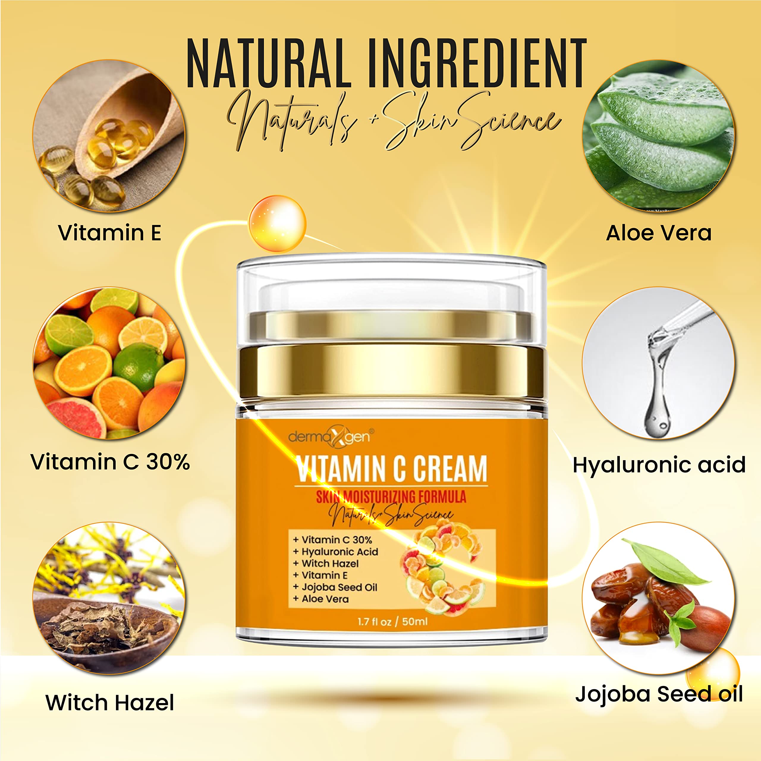 DERMAXGEN organic vitamin C cream label detail emphasizes premium ingredients.