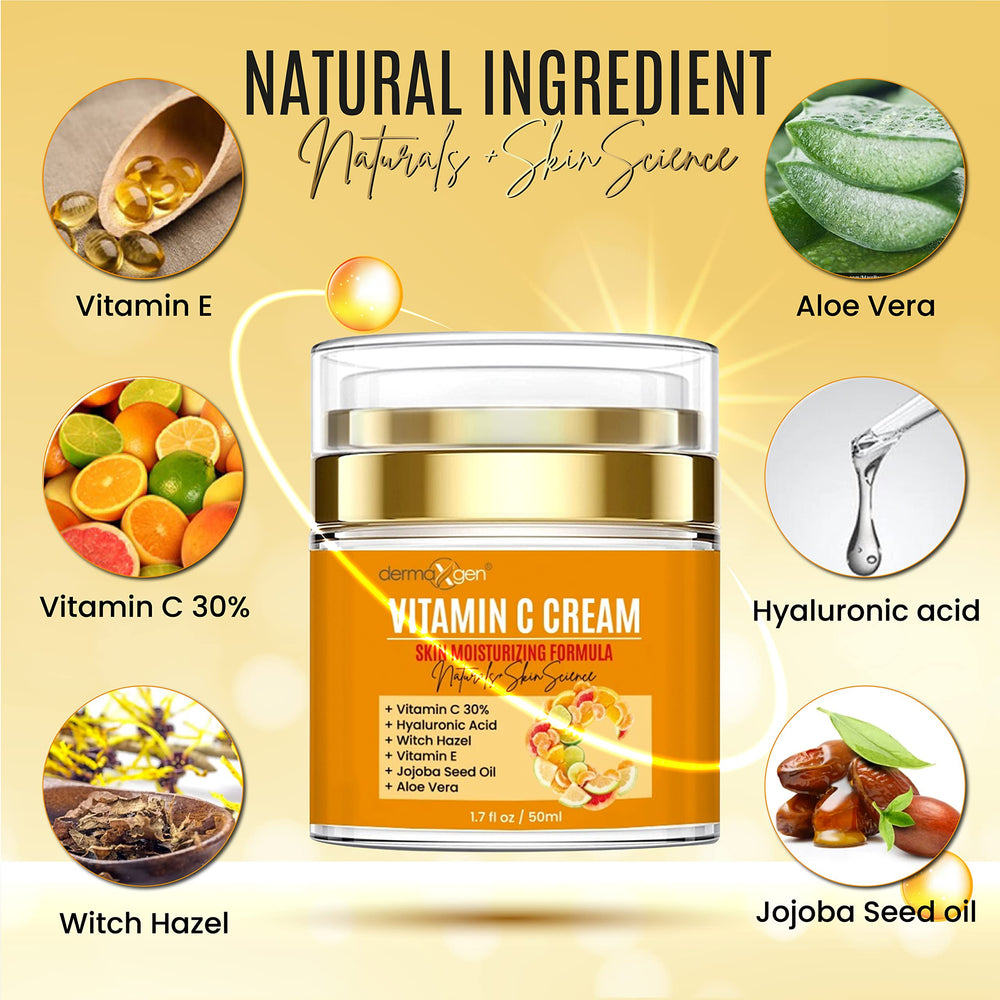 DERMAXGEN organic vitamin C cream label detail emphasizes premium ingredients.