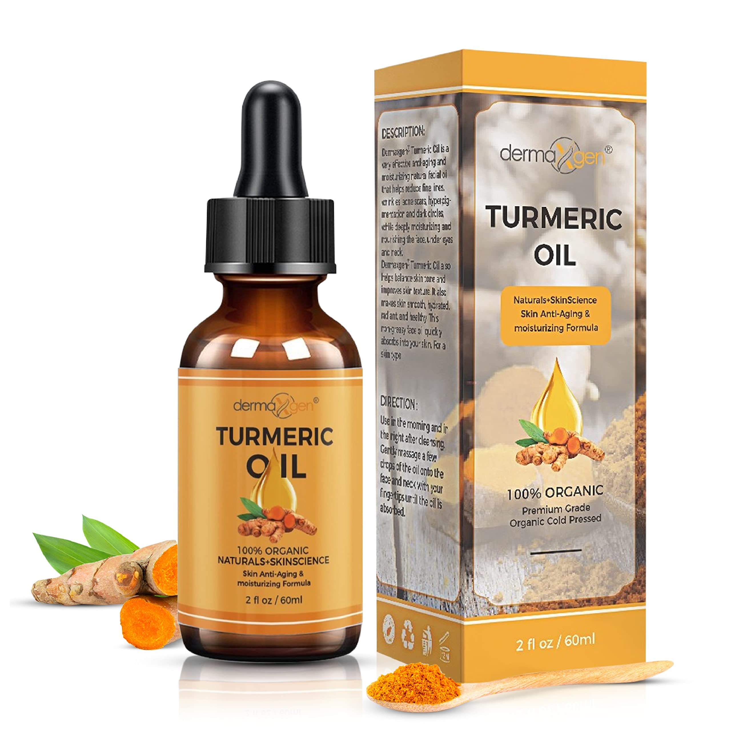 DERMAXGEN Turmeric Oil bottle close-up highlighting a premium cold-pressed formula for radiant skin.