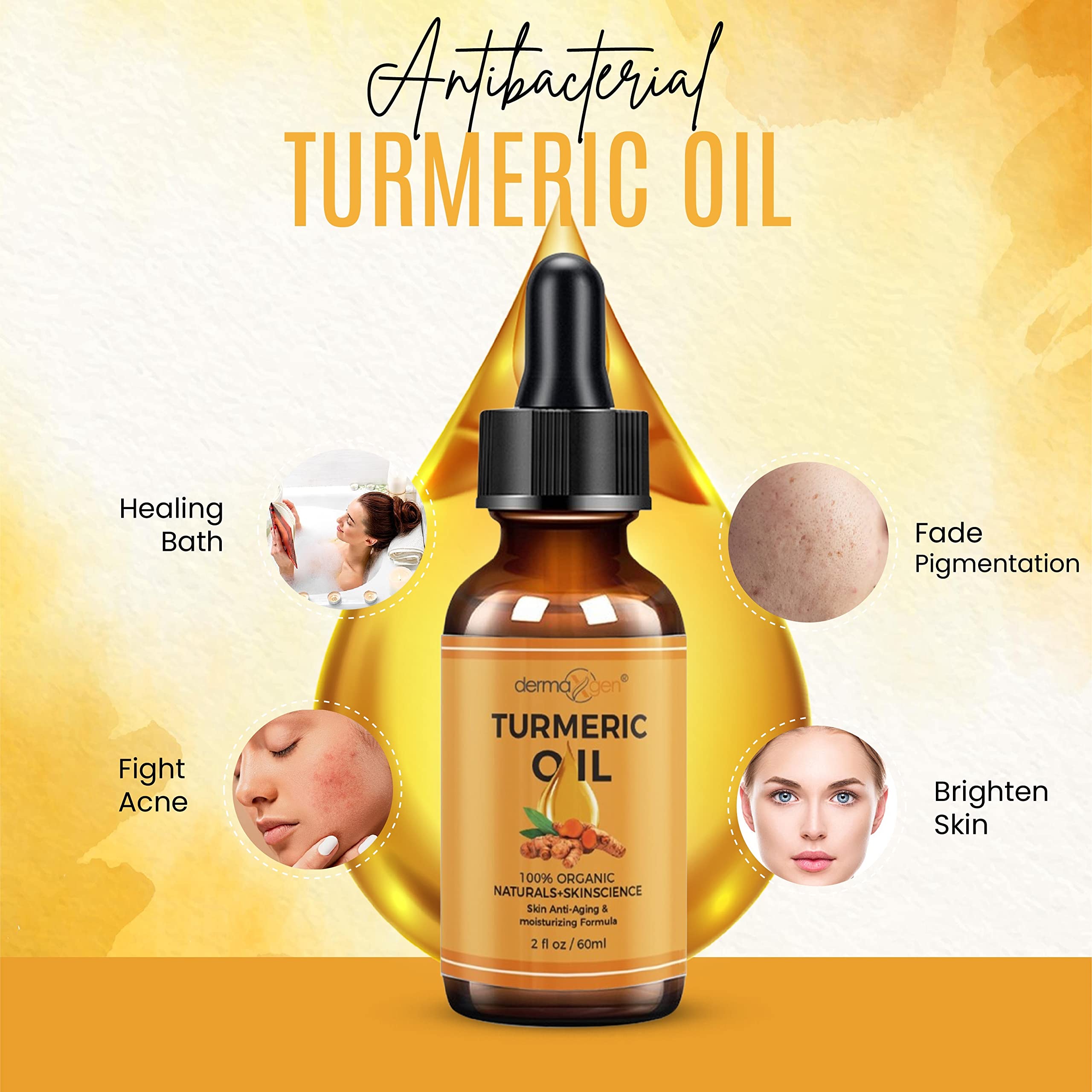 DERMAXGEN Turmeric Oil dropper dispensing a drop for focused facial hydration.