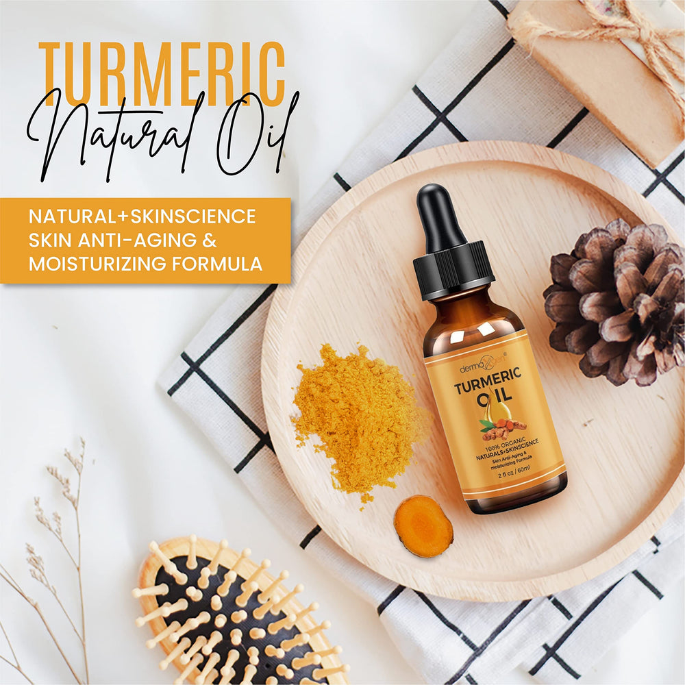 DERMAXGEN Turmeric Oil packaging label visible indicating organic and natural ingredients.