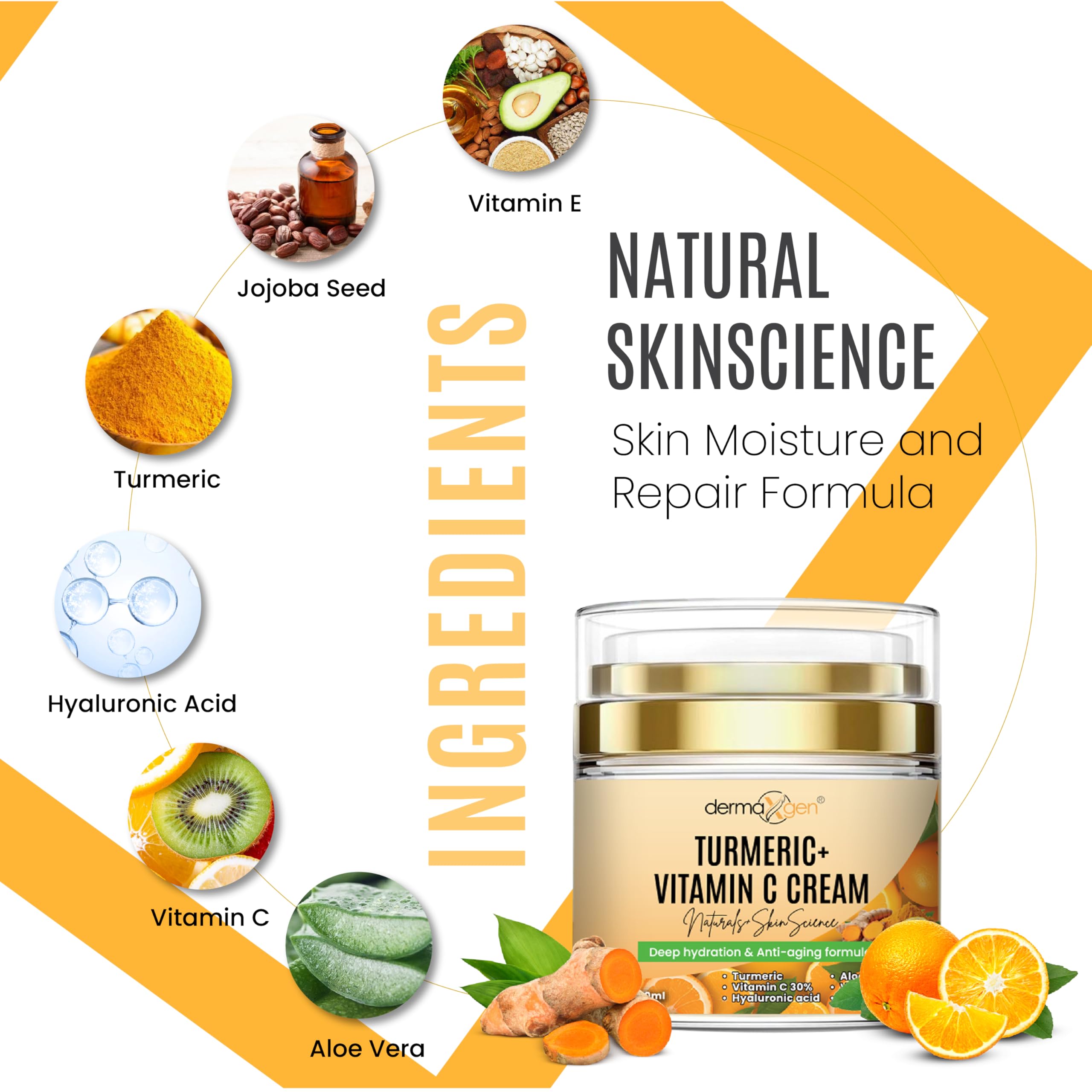DERMAXGEN turmeric-vitamin-c-face-cream-jar shows a lightweight, fast-absorbing formula.