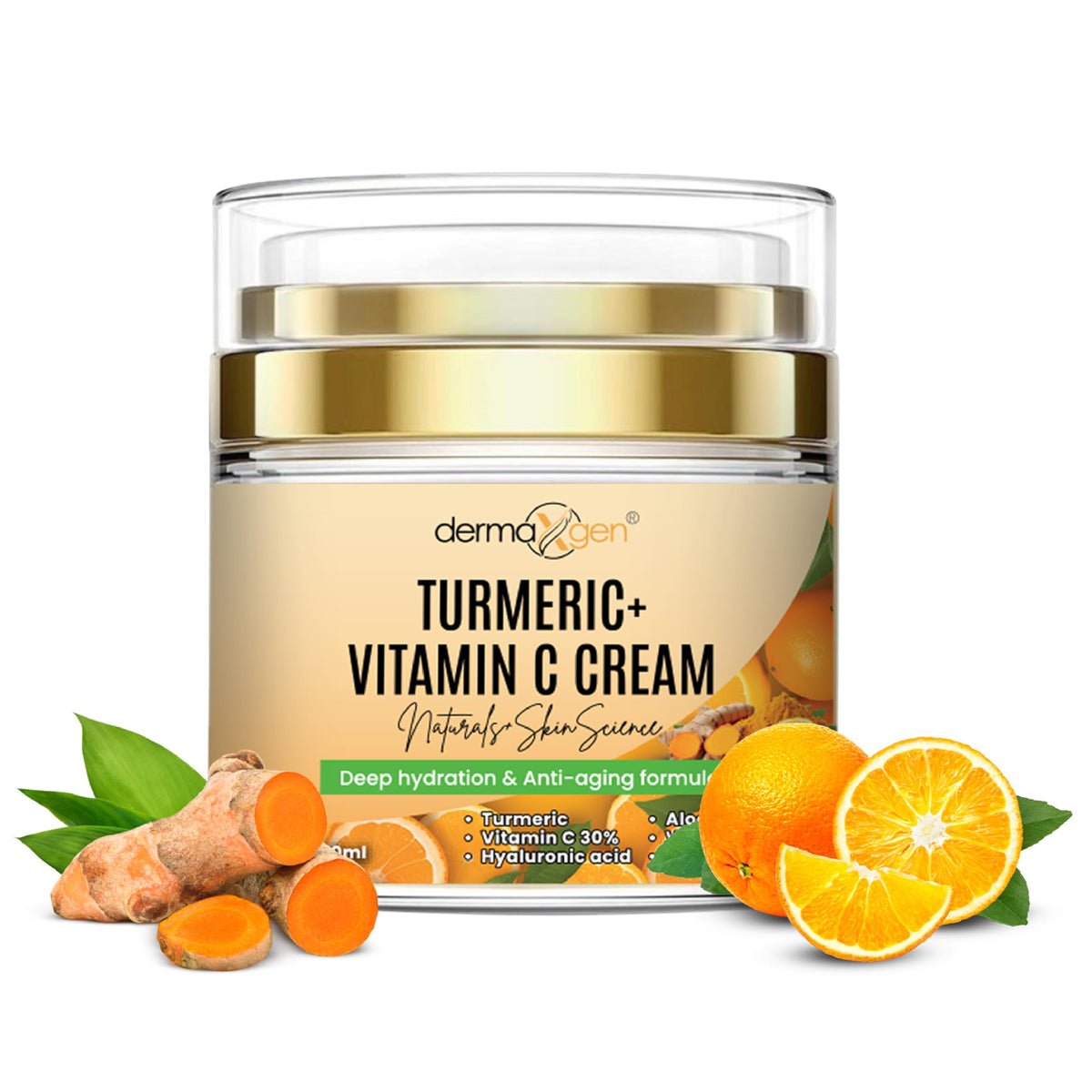 DERMAXGEN turmeric-vitamin-c-glow-cream-packaging promotes radiant skincare.