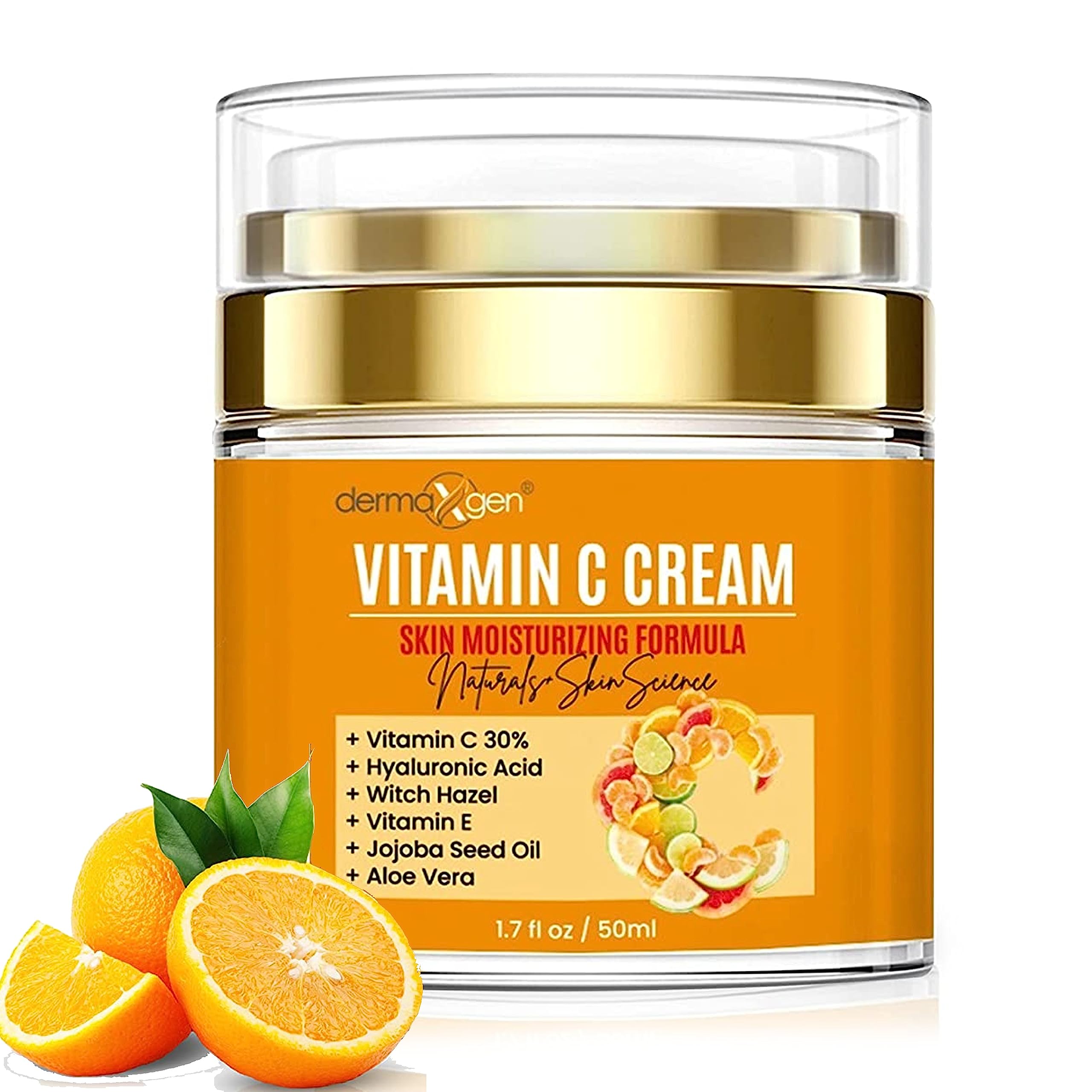 DERMAXGEN vitamin C cream tube close-up highlighting brightening formula.