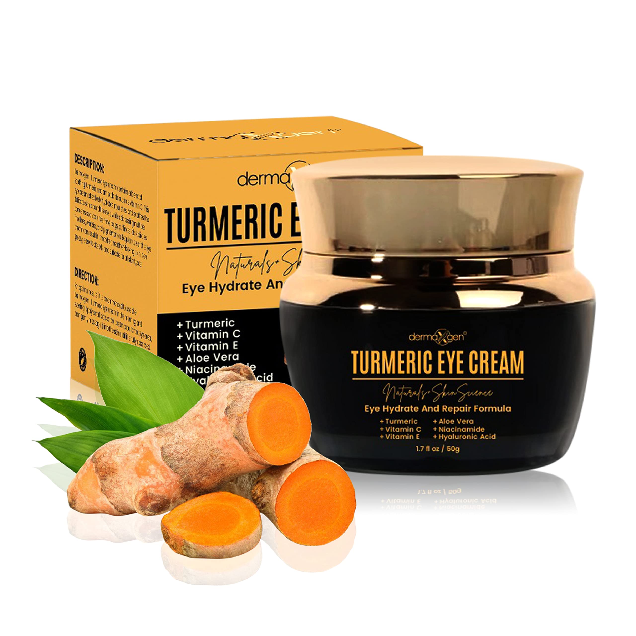 DERMAXGEN Vitamin C + Turmeric Eye Cream tube close-up showing brightening formula benefits