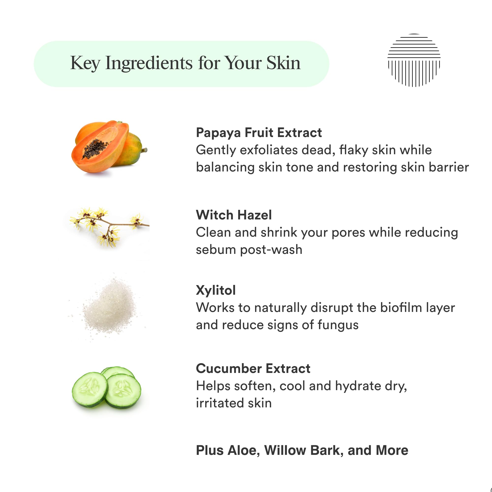 Dermazen Purifying Facial Cleanser witch hazel ingredient highlights soothing properties for irritated skin.