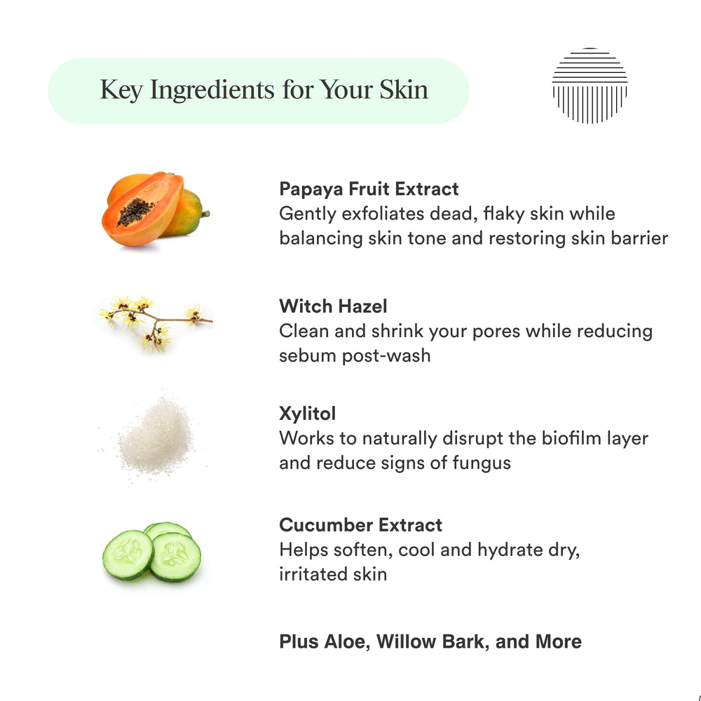 Dermazen Purifying Facial Cleanser witch hazel ingredient highlights soothing properties for irritated skin.