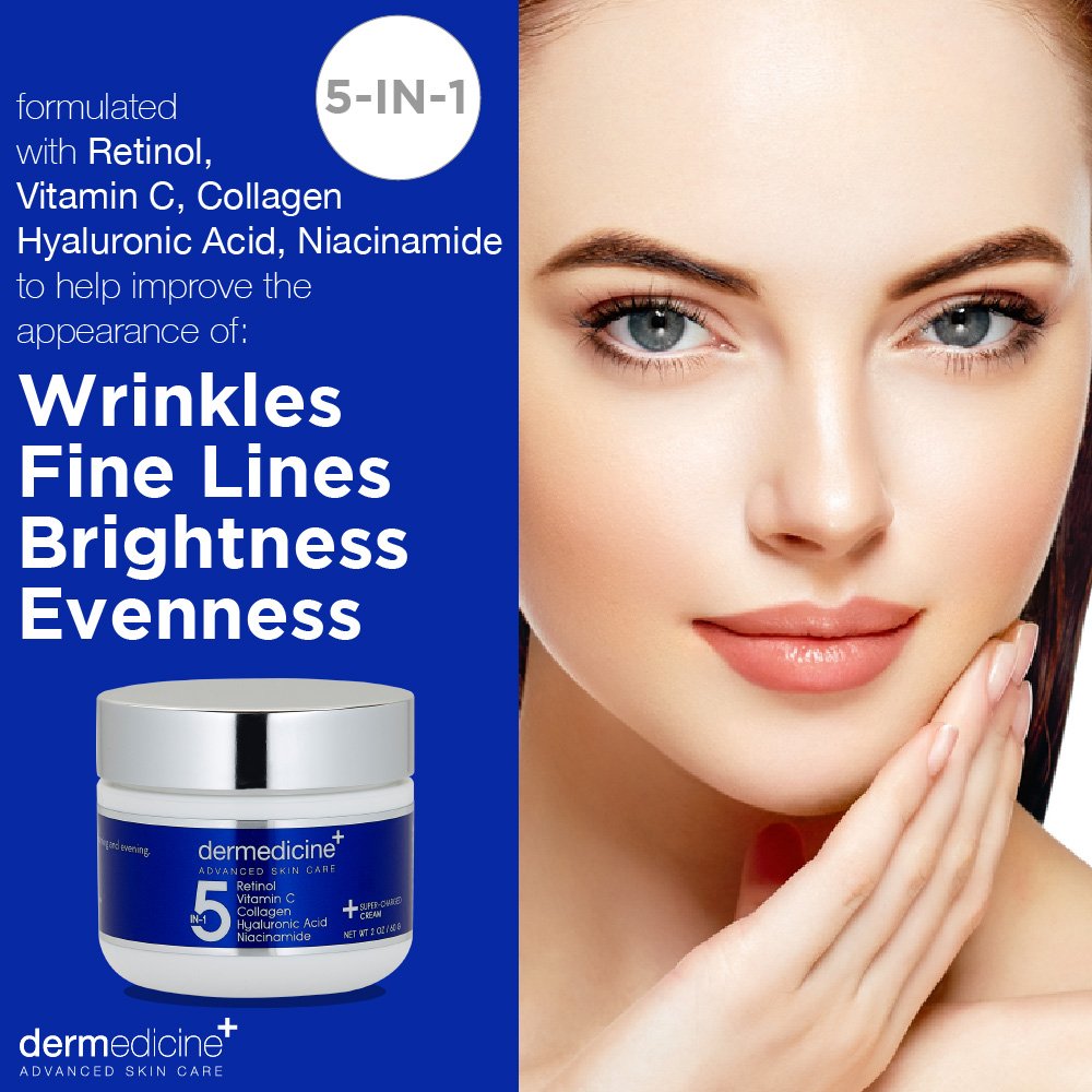 Dermedicine 5in1 ingredients panel emphasizes vitamin C and retinol benefits.