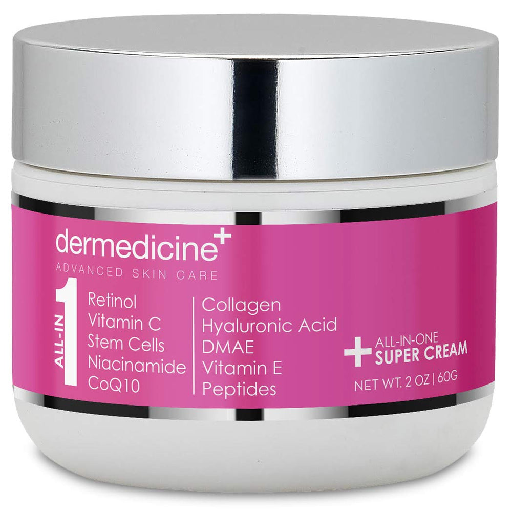 Dermedicine All In One Anti-Aging Cream bottle highlights daily hydration
