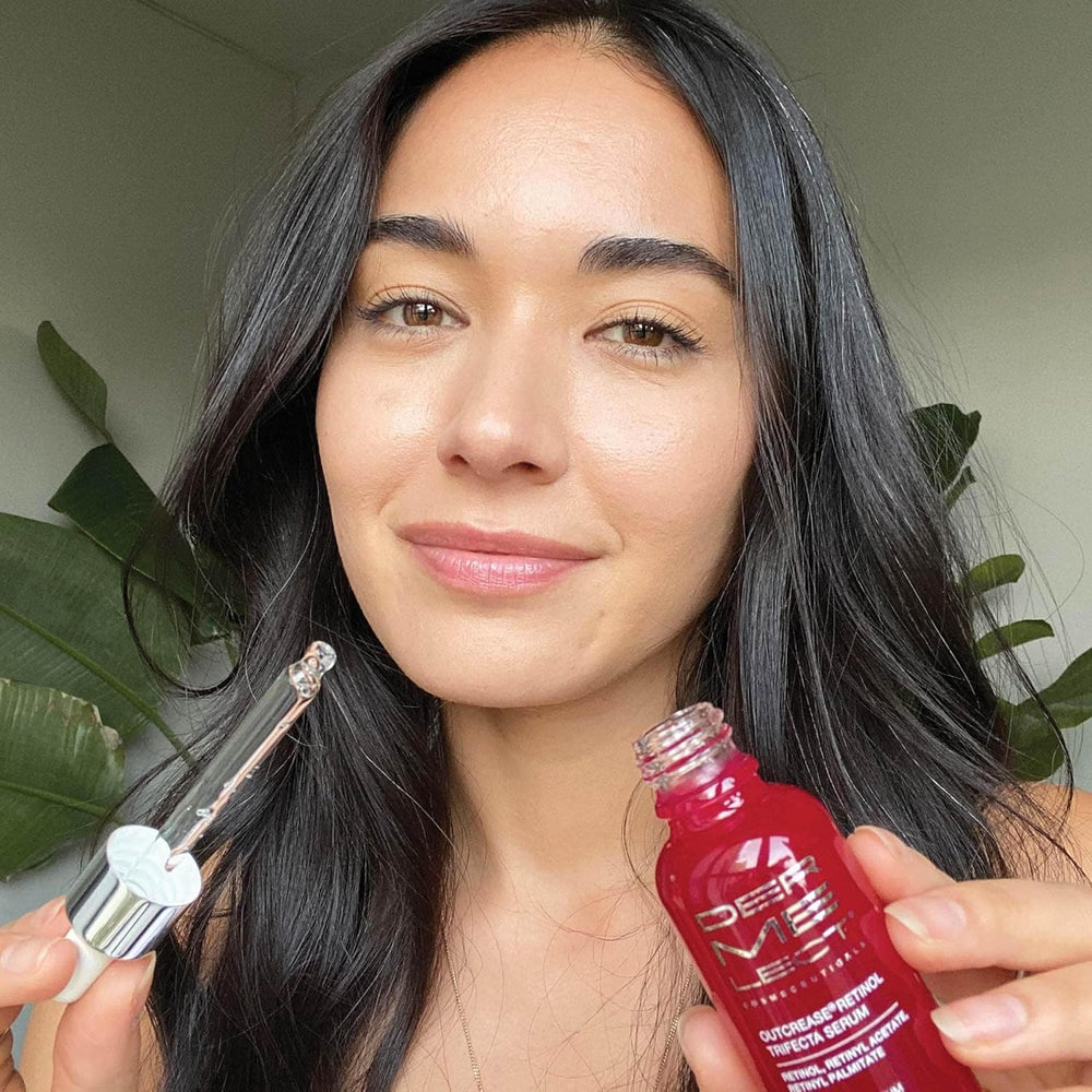 Dermelect Outcrease serum dropper applying concentrated retinol actives.