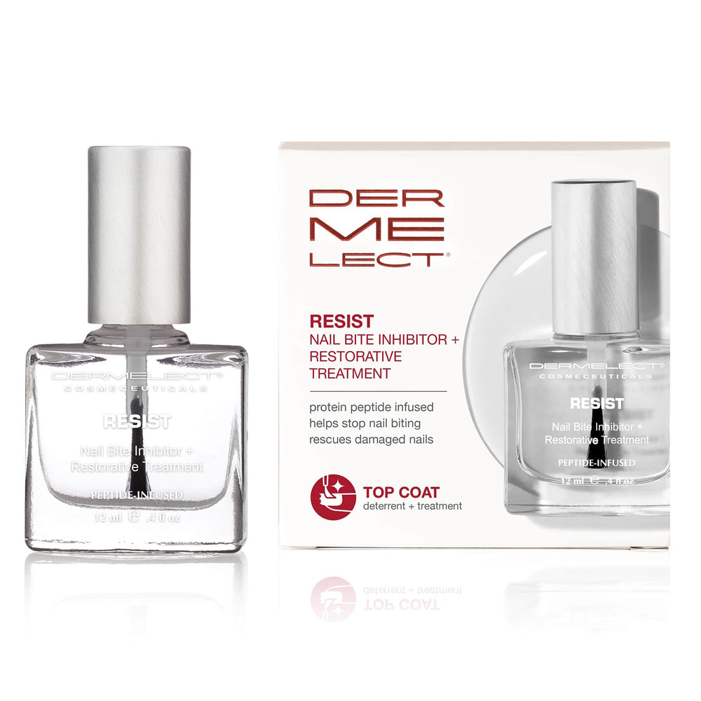 Dermelect Resist Nail Bite Inhibitor bottle—clear deterrent supports healthier nail growth.