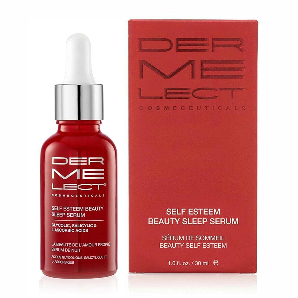 Dermelect Self-Esteem Beauty Sleep Serum bottle closeup showing overnight exfoliation capability.