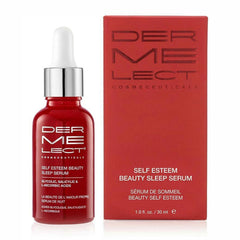 Dermelect Self-Esteem Beauty Sleep Serum bottle closeup showing overnight exfoliation capability.
