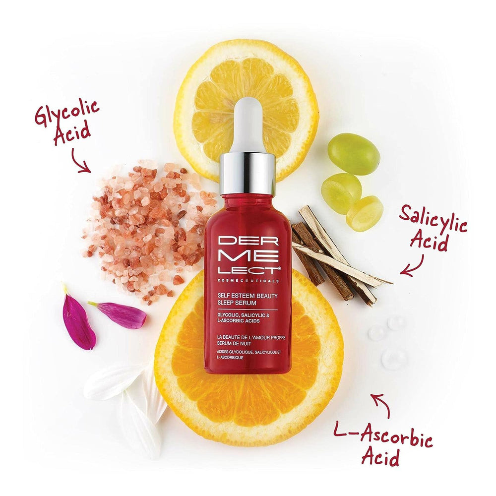 Dermelect Self-Esteem Beauty Sleep Serum bottle pour demonstrates easy nightly application.