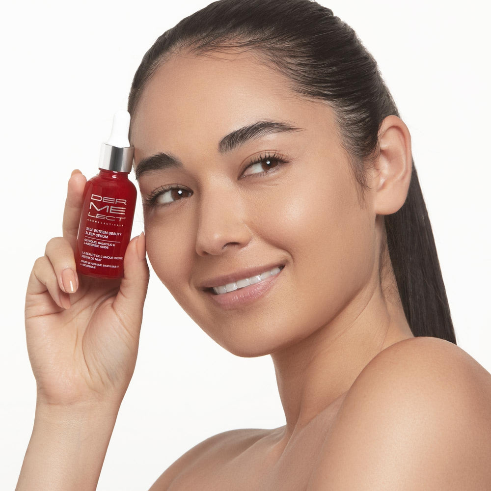 Dermelect Self-Esteem Beauty Sleep Serum label closeup emphasizes acids and vitamin C.