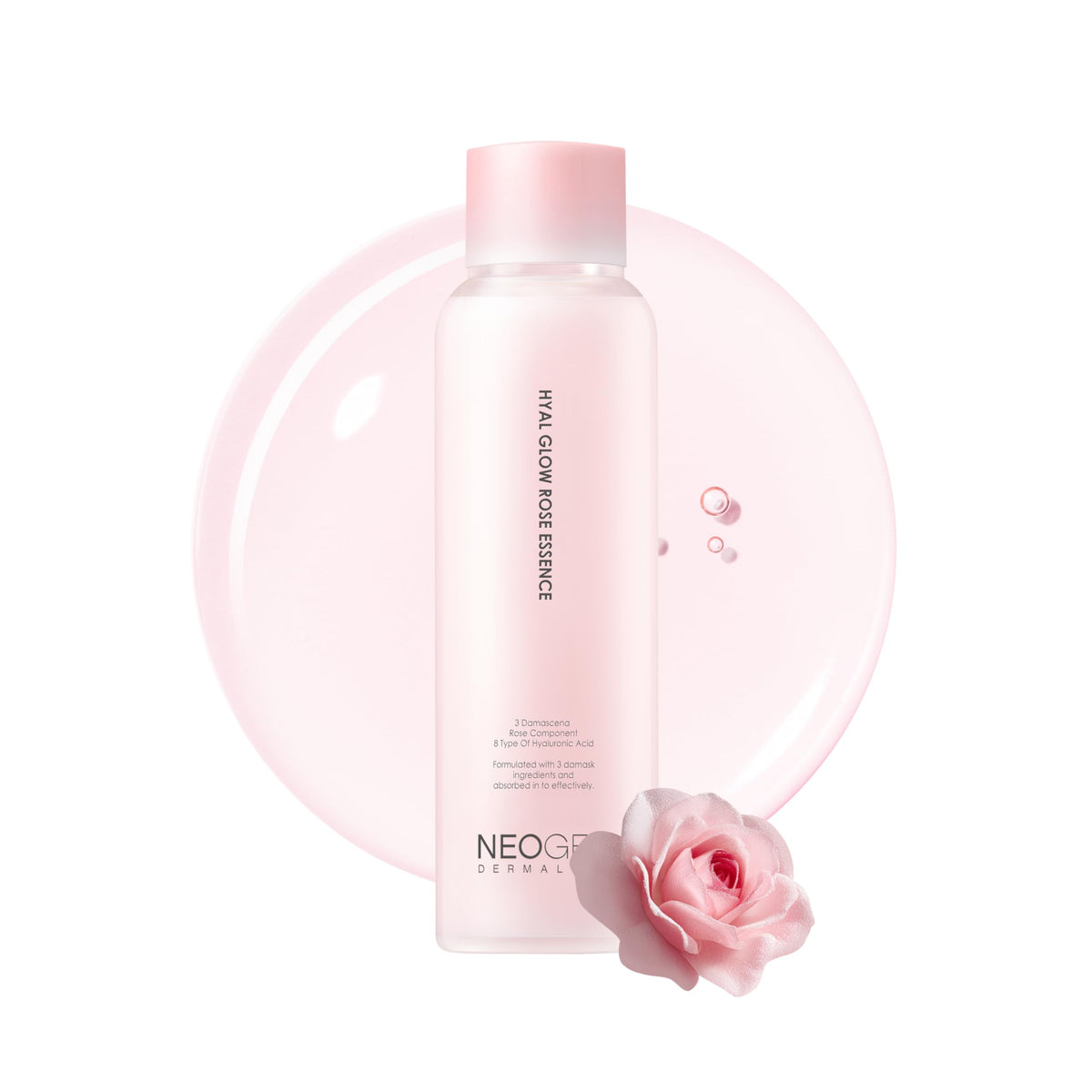 DERMALOGY Hyal Glow Rose Essence bottle demonstrates daily hydration with rose-infused formula.