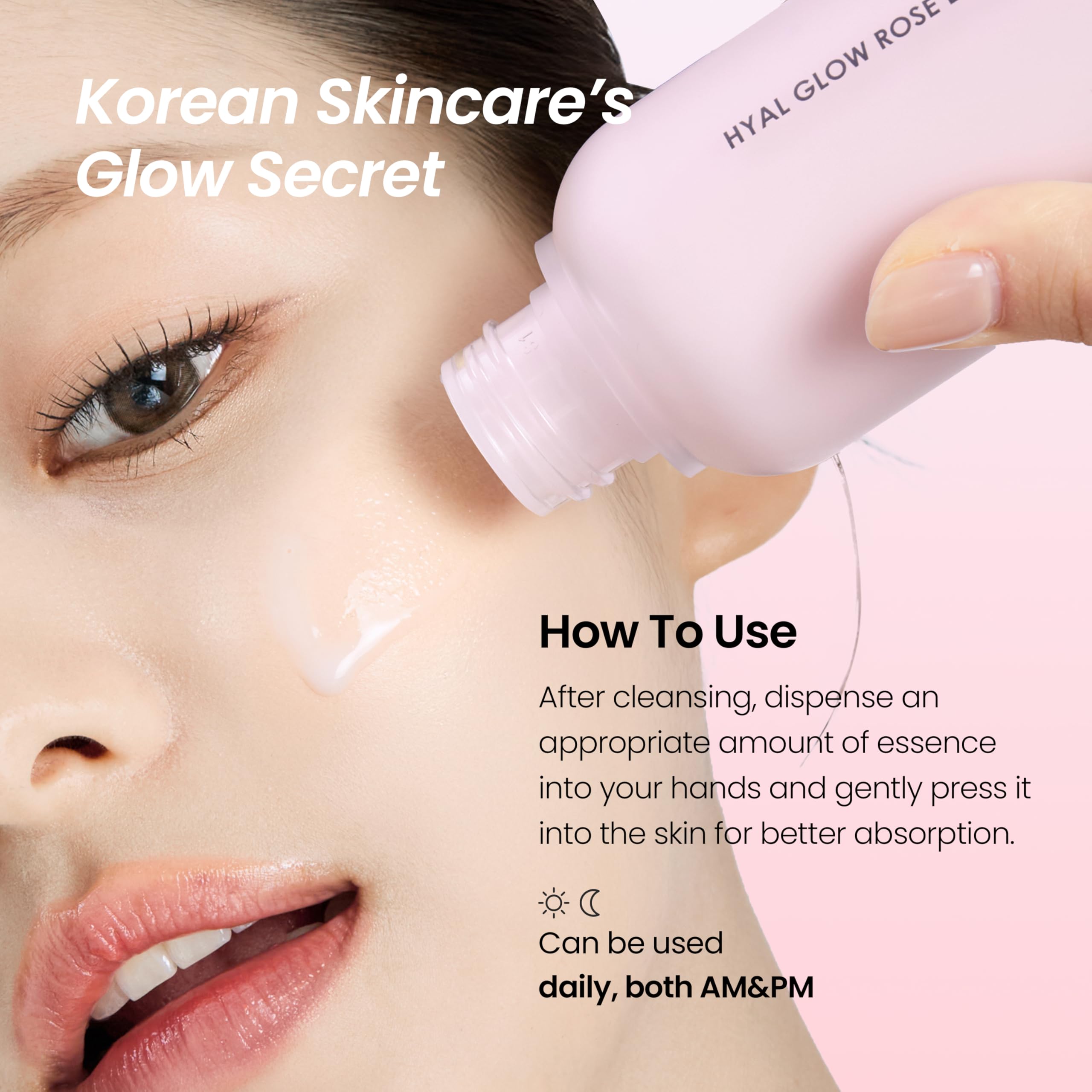 DERMALOGY Hyal Glow Rose Essence Bulgarian Damask rose oil close-up emphasizes soothing scent.