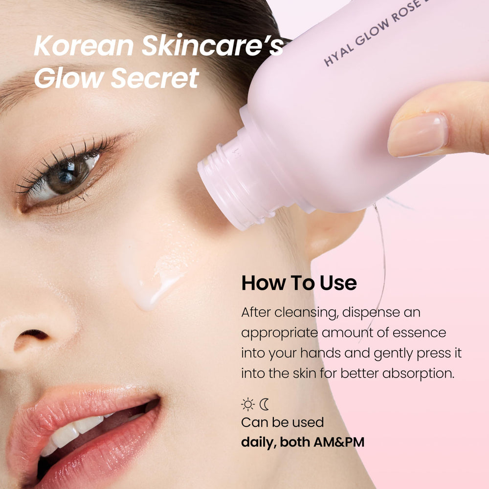 DERMALOGY Hyal Glow Rose Essence Bulgarian Damask rose oil close-up emphasizes soothing scent.