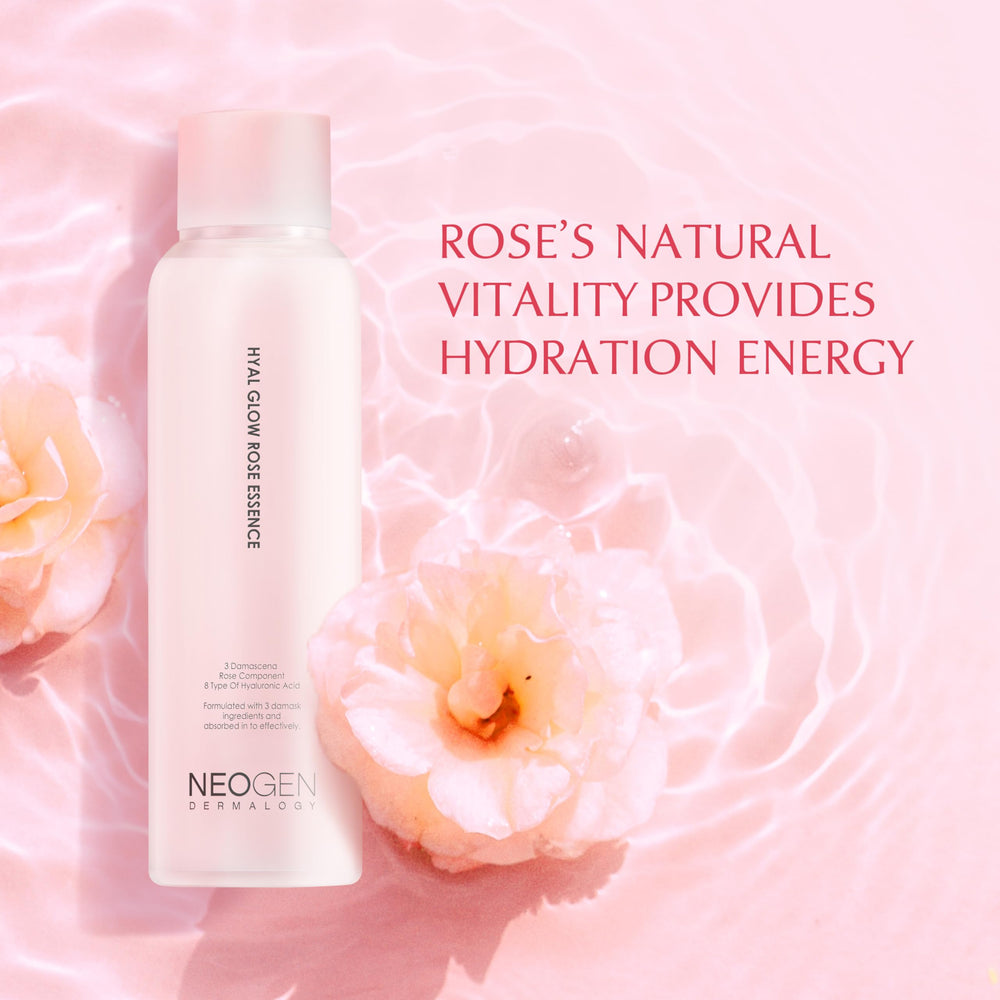 DERMALOGY Hyal Glow Rose Essence packaging on display hints at gift-ready skincare.
