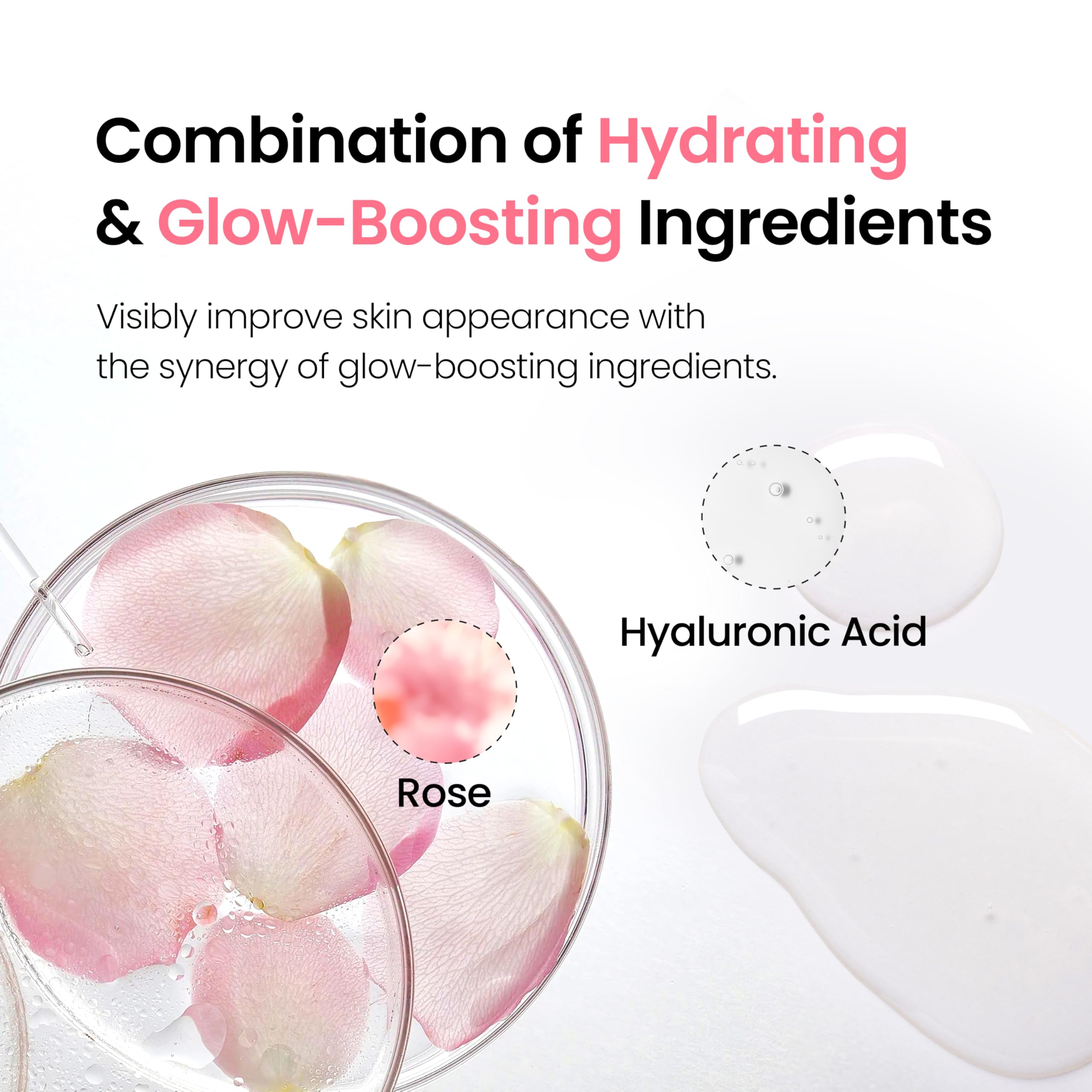 DERMALOGY Hyal Glow Rose Essence rose extract label indicates 1,500ppm moisture boost.