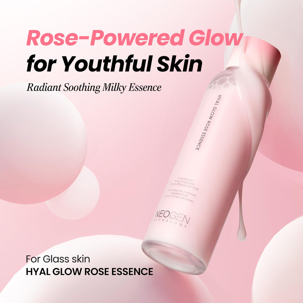 DERMALOGY Hyal Glow Rose Essence rose-water drops highlight high hydration levels.