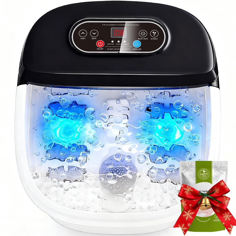 DermoPrime Foot Spa Bath Massager with Heat image highlights soothing heat and odor-control ozone with blue light.