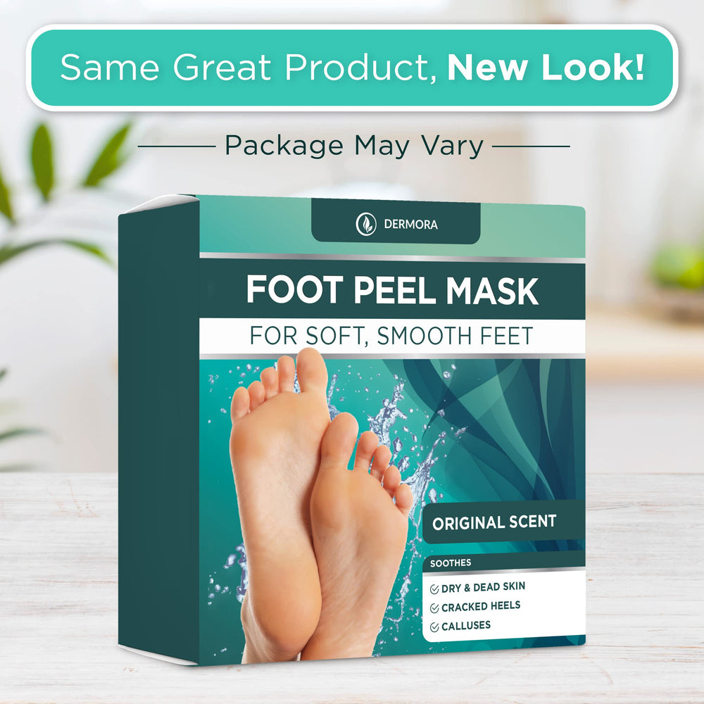 DERMORA Foot Peel Mask exfoliation-timeline image hints at peeling within 6-11 days.