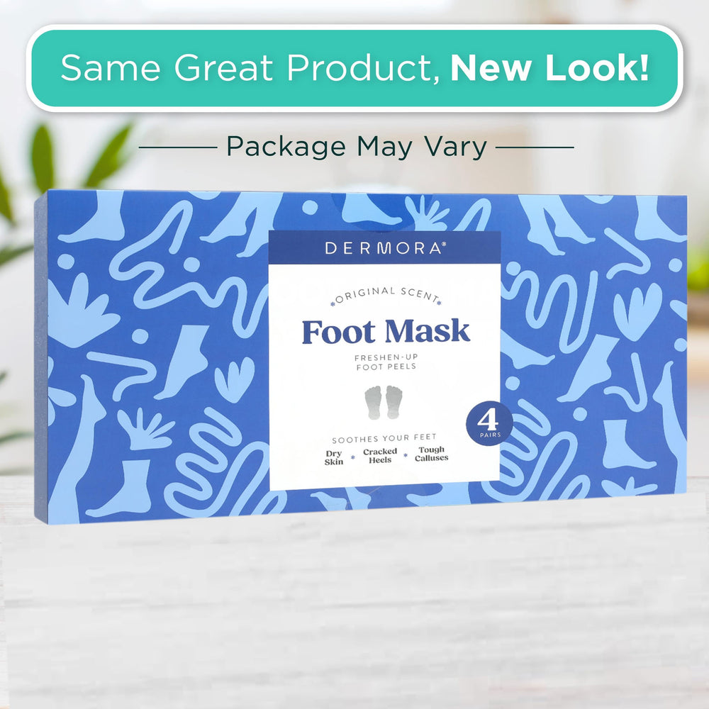 DERMORA foot peel mask socks on feet image shows feet inside socks for exfoliation