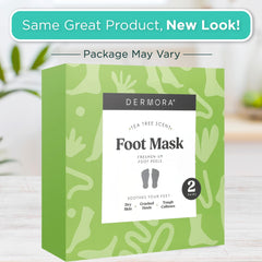 DERMORA foot peel mask socks applied view showing gentle spa-like foot care.