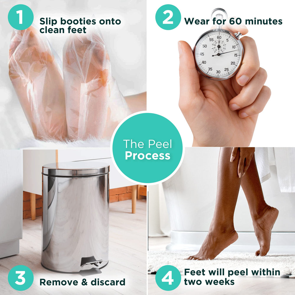 DERMORA Foot Peel Mask universal-fit-up-to-11 image shows versatile sizing for many feet.